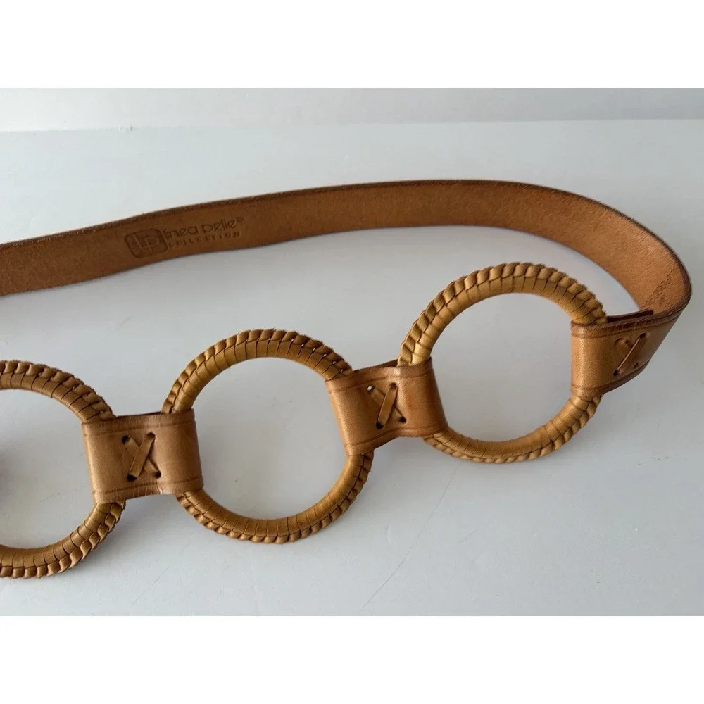 Linea Pelle Leather Triple Ring Belt Tan Woven Leather Sz M BOHO Festival‎